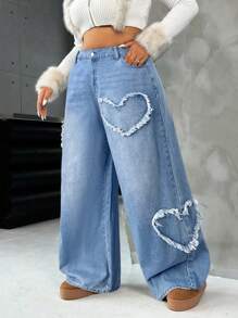 SHEIN EZwear 大码蓝色牛仔裤，性感街头风格直筒裤，心形设计