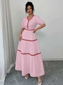 Elenzga Women V-Neck Short Puff Sleeve Ribbon Splice A-Line Dress - Baby Pink - View 4