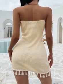Sunnyshic Apricot Textured Fabric Sexy Strapless Backless Tasseled Patchwork Bodycon Dress