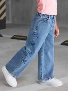 Girls' Comfortable Versatile Washed Butterfly Embroidered Side Seam Jeans, Casual Street-Style - Medium Wash - View 4