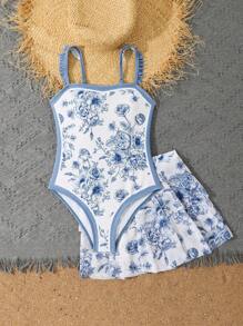 SHEIN Tween Girl Blue Floral Print Ruffled One-Piece Swimsuit With Beach Skirt - Multicolor - View 5