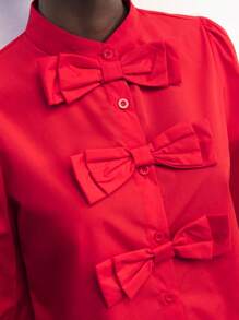 Maija 女士休闲宽松蝴蝶结装饰纽扣衬衫，适合春季，简约百搭的日常穿着，适合情人节浪漫、时尚、百搭 - 紅色 - 查看 8