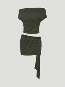 INAWLY Conjunto de 2 piezas para mujer - Top ajustado de manga corta y unicolor, talla grande falda mini