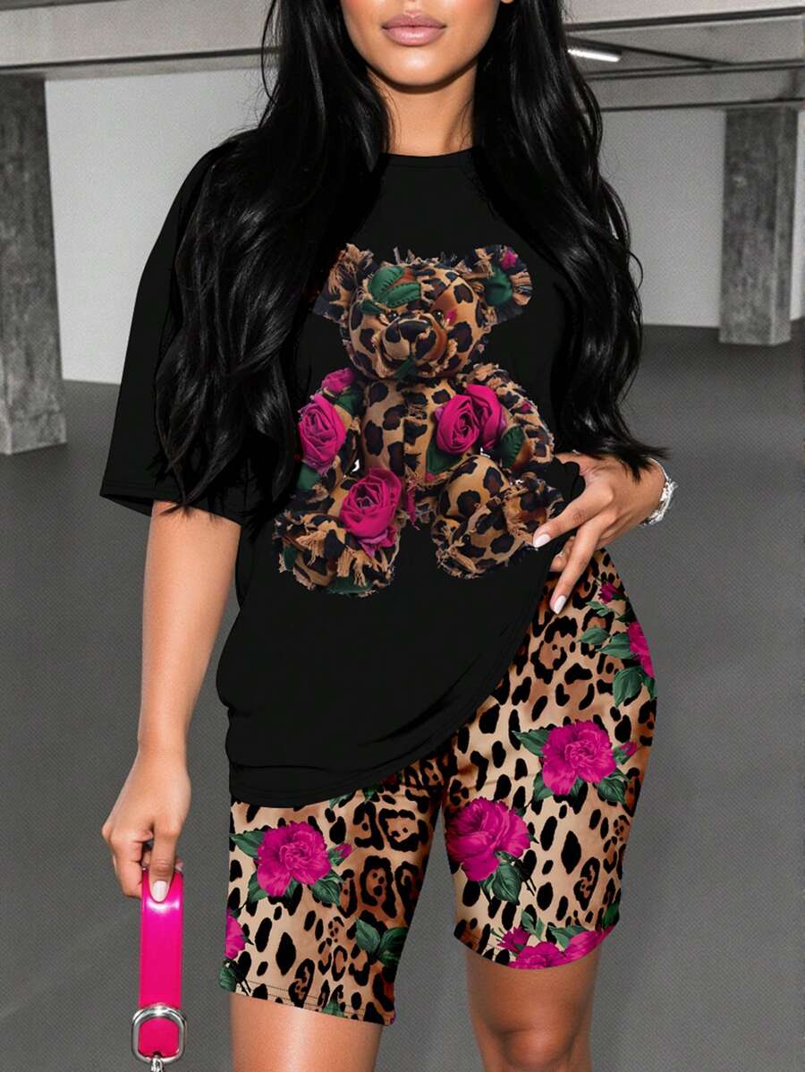 Slaydiva 2pcs/Set Plus Size Women Casual Rose & Leopard Cartoon Bear Print Short Sleeve T-Shirt & Shorts, Summer Suitable For Going Out