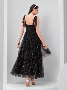 Modelyn 女士优雅黑色网眼刺绣心形领褶饰三层蛋糕连衣裙，适合派对、宴会 - 黑色 - 查看 4