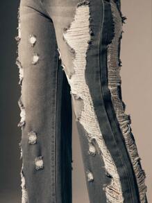 Denimoi Jeans rectos con lavado desgastado y desgarrado de moda para mujer - Gris - Ver 2