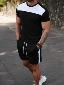Manfinity Homme 2pcs Men's Summer Casual Contrast Color Round Neck Short Sleeve T-Shirt And Shorts Set - Black and White - View 1