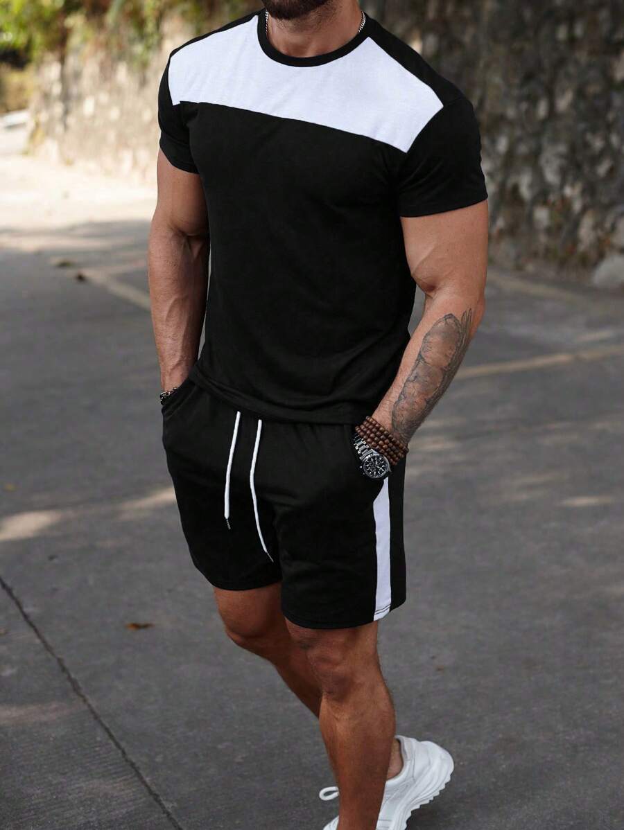 Manfinity Homme 2pcs Men's Summer Casual Contrast Color Round Neck Short Sleeve T-Shirt And Shorts Set - Black and White - View 1