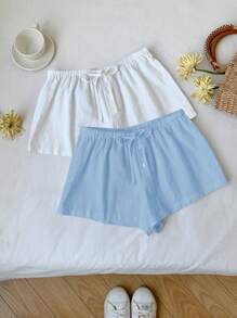 Comfortcana 2pcs Women Linen Striped Shorts - Blue and White - View 5