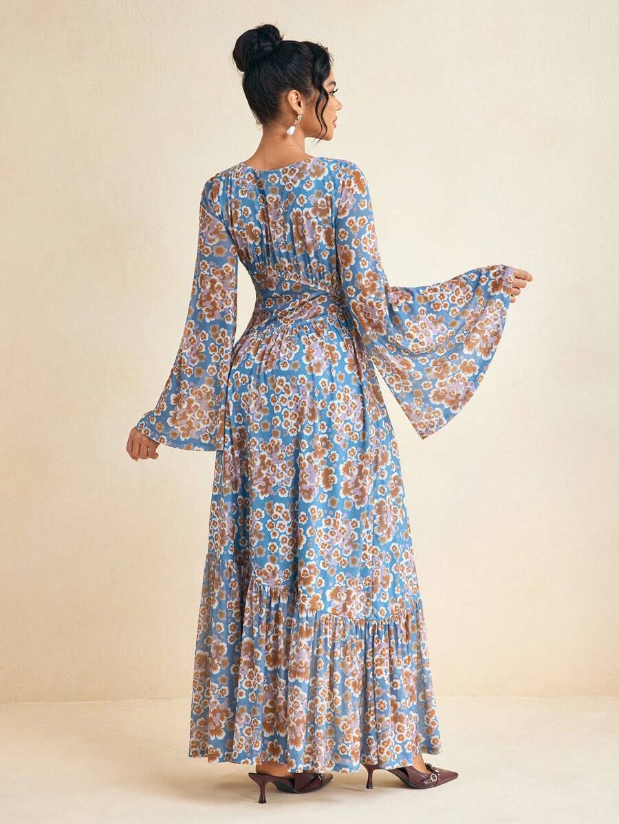 Claire Tale Retro Totem Print Mesh Print Asymmetric Side Hollow Flared Long Sleeve Sexy Maxi Dress Boho Vacation Dress Cocktail Dress Formal Dress - Multicolor - View 1