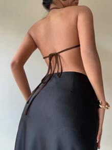 Aloruh Sexy Backless Halter Neck Silky Ladies Camisole - Coffee Brown - View 2
