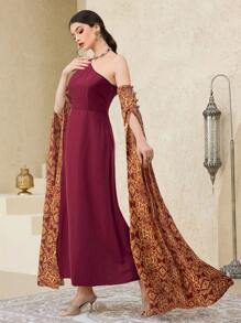 Al Najma Women's Floral Print Asymmetric Neck Elegant Arabic Style Dress