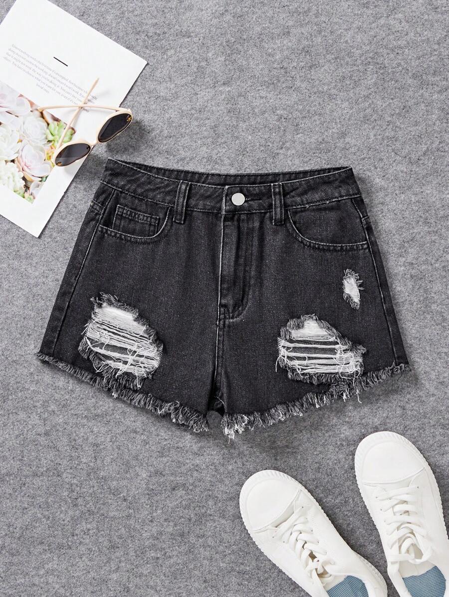 SHEIN 少女休闲破洞磨边牛仔短裤 - 黑色 - 查看 1