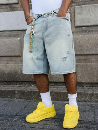 Manfinity Hypemode Men's Faded Light Blue Washed Loose Fit Vintage Casual Denim Shorts Jorts Going Out Hang Out Commute College Street