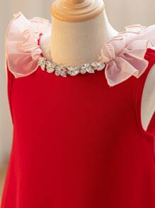 Young Girl Crystal Embellished Neck Contrast Color Ruffle Hem Red Summer Flower Girl Sleeveless Midi A-Line Cake Dress,Cute & Elegant Princess Party - Black - View 9