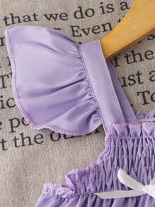 SHEIN 2pcs/Set Young Girl Purple Ruffle Trim Top And Elastic Waist Butterfly Print Pants Outfit - Multicolor - View 5