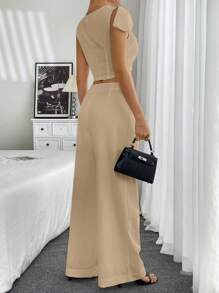 Chiquease 2 piezas Conjunto informal de blusa de hombros con volantes y cuello redondo de unicolor, y pantalón ancho plisado para mujer en verano