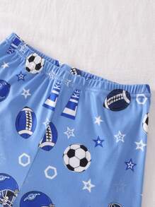 Set da 4 pezzi di pigiama sportivo per ragazzi adolescenti, composto da maglietta a maniche corte con grafica calcio blu navy e grigia, e pantaloncini, realizzato in maglia elastica di spandex
