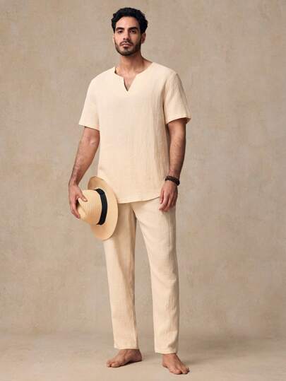 Manfinity NXTstreet 2 件套男士休闲纹理格子宽松落肩 V 领 T 恤和抽绳腰裤套装，纯色，适合日常穿着