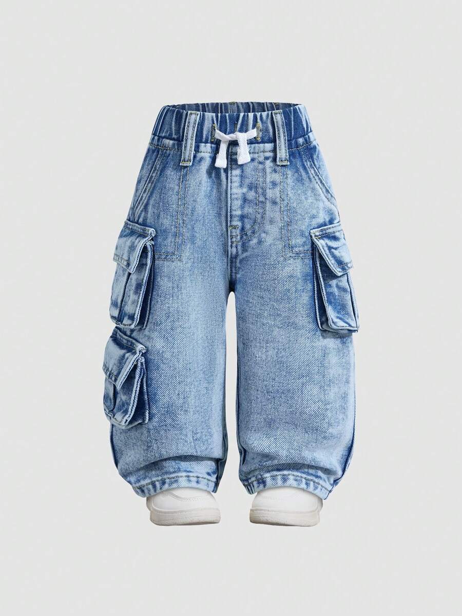 Denimly Toddler Boys Fashion Casual Versatile Comfortable Outdoor Denim Elastic Waist Multi-Pocket Loose Straight Washed Jeans - Medium Wash - View 1
