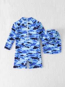 SHEIN Baju Renang Terusan Lengan Panjang Motif Kartun Hiu dengan Topi Renang - MultiWarna - View 2