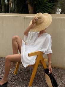 DAZY Women's Solid Color Lace Panel V-Neck Long Cover Up Dress - White - View 1