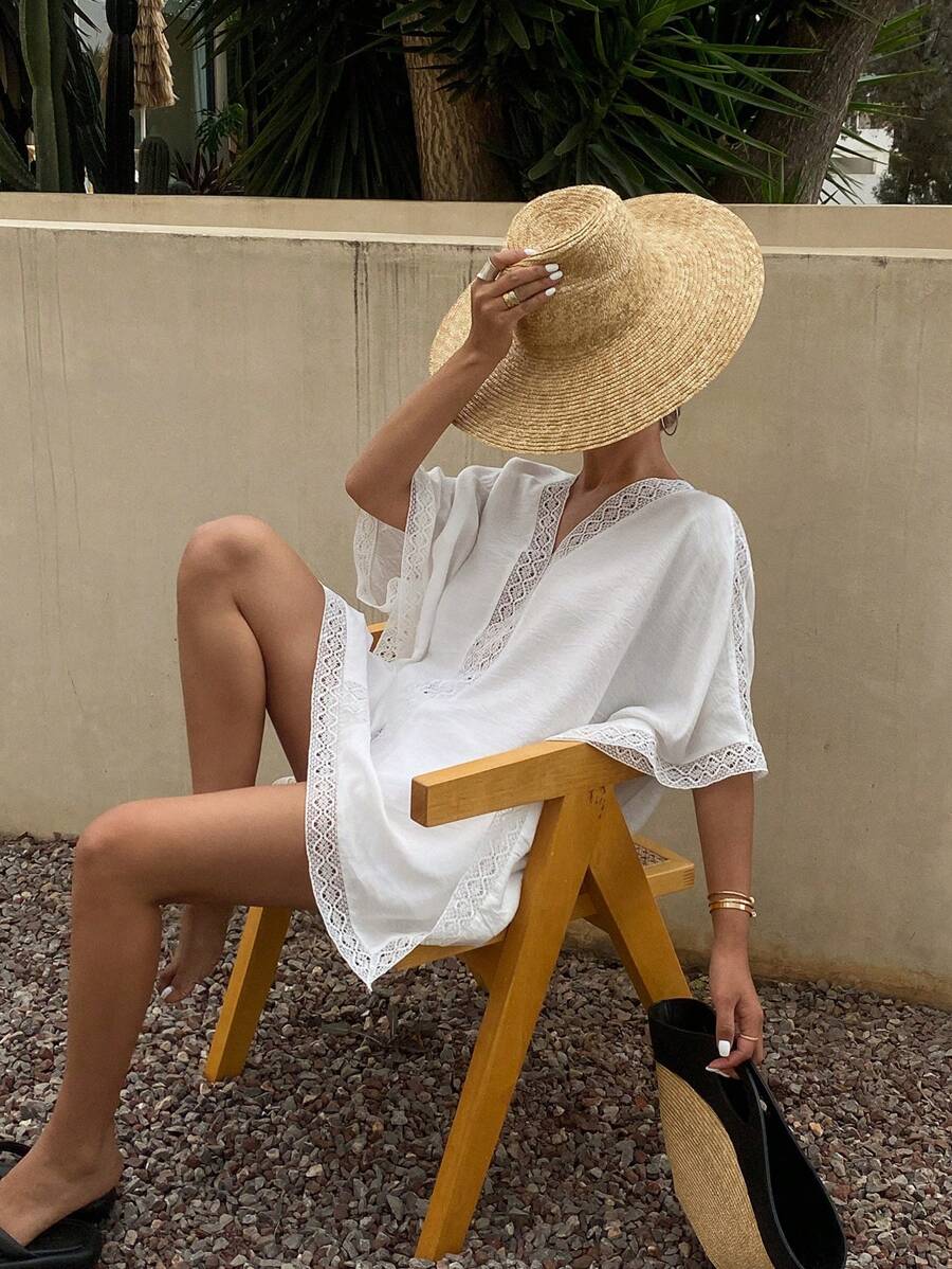 DAZY Women's Solid Color Lace Panel V-Neck Long Cover Up Dress - White - View 1