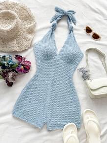 Soleia Bộ đồ liền thân buộc dây chữ V sâu màu xanh lam cho nữ, bó sát, thích hợp cho tiệc tùng, hẹn hò ngày lễ tình nhân, mặc nhiều lớp hoặc mặc ngoài - Màu xanh lam - Xem 3