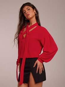 Forever 21 Elegante rote Chiffon-Criss-Cross-Blusenkombination mit Schleife für Frauen, geeignet für Büro und Pendeln im Frühling - Rot - Übersicht 6