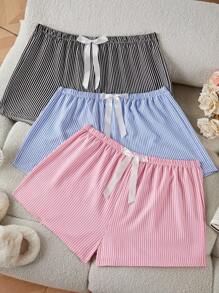 SHEIN 3-Pack Woven Simple Striped Yellow, Blue And Pink Shorts Set