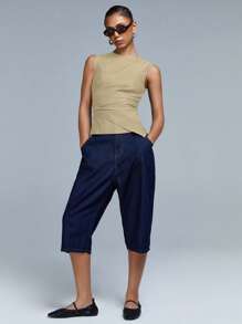 Athîral Top de verano de mujer minimalista de unicolor con fruncido ajustado - Caqui - Ver 2