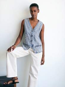 Maija Women's Summer Washed Floral Pattern Front Button Blue Denim Vest, Going Out, Vintage, Fall Women Clothes - Light Wash - View 5