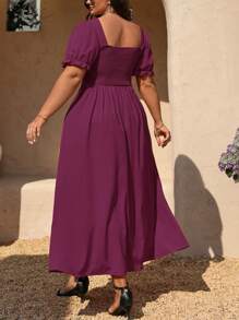 SHEIN Clasi Plus Size Women Sweetheart Neck Puff Sleeve Solid Color Elegant Dress - Purple - View 2