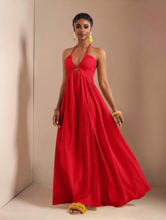 Zivah Neues Frühlings- und Sommerkleid im Urlaubsstil mit Neckholder, trägerlos, Büste, Taille und Rücken in A-Linie mit hohem Schlitz bis zum Oberschenkel, gelb-weißer Streifen, extralanges Damen Kleid-B