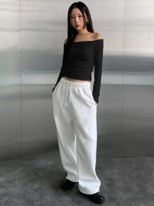 DAZY 纯色露肩褶皱休闲长袖T恤，适合夏季 - 黑色 - 查看 4