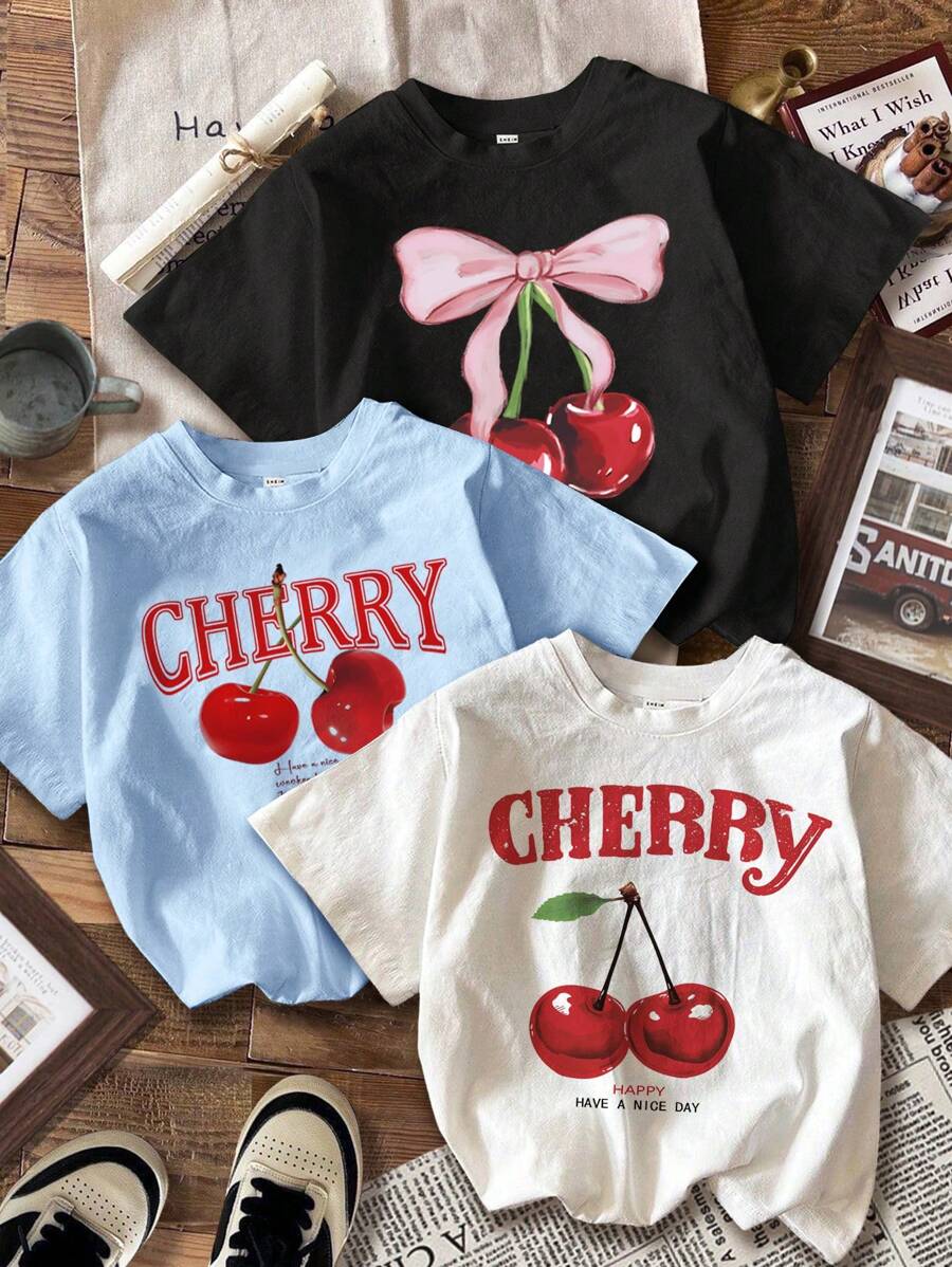 Attitoon 3pcs Casual Minimalist Cherry Print Round Neck Short Sleeve Crop Tee Set For Women, Suitable For Summer Suitable For Going Out - Multicolor - View 1