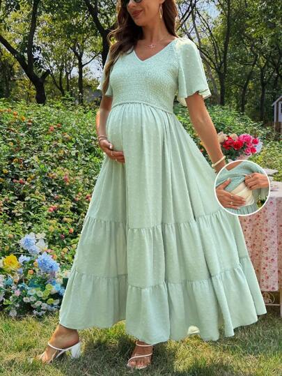 SHEIN Maternity Casual Solid Color Ruffle Hem Short Sleeve Nursing Dress