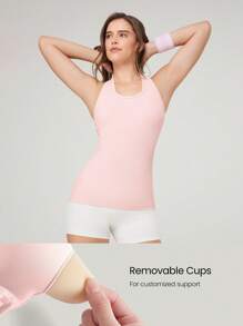 GLOWMODE Camiseta deportiva sin costuras y elástica con cuello en U y espalda de tirantes, de largo hasta la cadera, acanalada, para uso diario y casual, con copas extraíbles