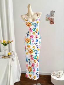 INAWLY 女士花卉印花紧身优雅吊带裙，度假风格 - 彩色 - 查看 1