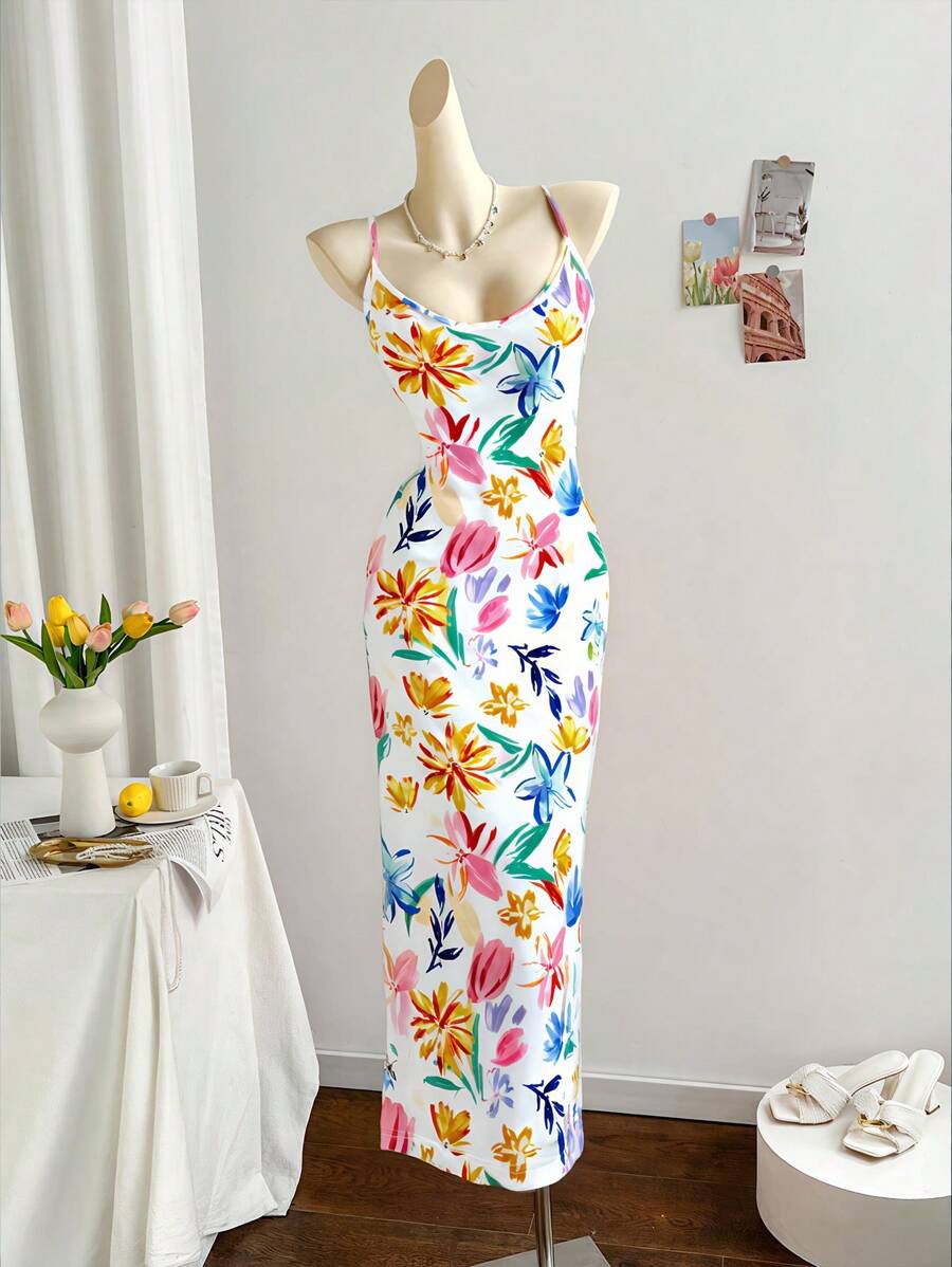 INAWLY 女士花卉印花紧身优雅吊带裙，度假风格 - 彩色 - 查看 1