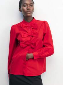 Maija 女士休闲宽松蝴蝶结装饰纽扣衬衫，适合春季，简约百搭的日常穿着，适合情人节浪漫、时尚、百搭 - 紅色 - 查看 5