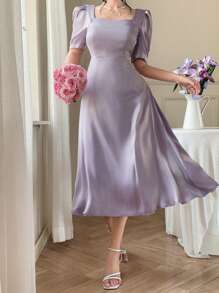 DAZY Solid Color V-Neck Puff Sleeve Women Long Dress - Purple - View 7