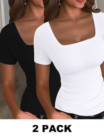 Slaydiva 2pcs Solid Color Black & White Casual Scoop Neck Plus Size Short Sleeve T-Shirts, Suitable For Summer