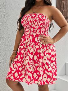 SHEIN VCAY Plus Size Red Animal Print Boho Dress: Strapless Shirred Woven Mini Dress For Summer - Red - View 4