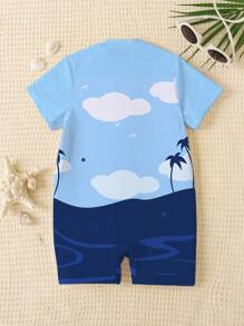 SHEIN Baby Boy Blue Shark Cartoon Pattern Casual Minimalist Round Neck Short Sleeve Swimsuit, Suitable For Summer