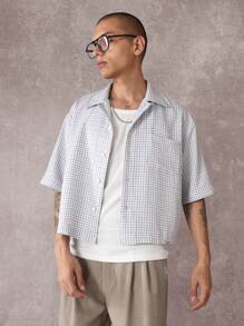 SUMWON Casual Short Sleeve Boxy Check Shirt Nyc Graphic Print Streetwear Button Down Shirt Fashion Urban Lightweight Preppy Modern Design Autumn Spring - Blue - View 2