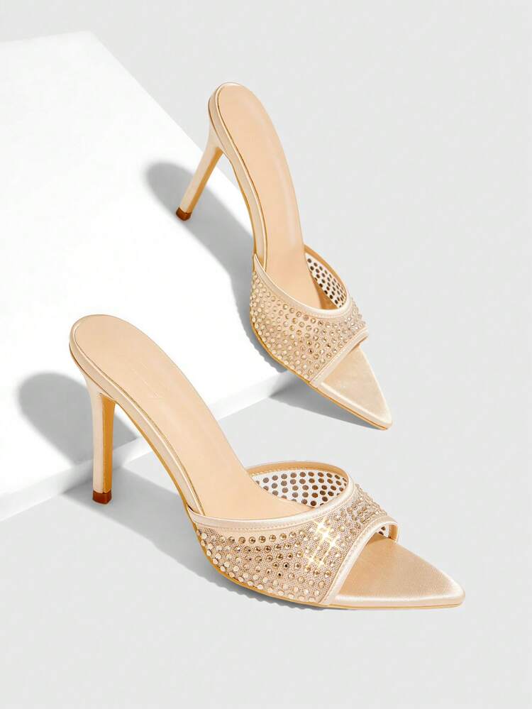 CUCCOO SZL Champagne Mesh Rhinestone Decor High Heel Sandals For Christmas Spring Shoes Prom Heels Summer Shoes