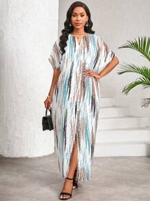 SHEIN Lady Vestido largo elegante y casual para trabajo y fiesta con estampado de rayas, cuello en V, abertura y mangas de mariposa para mujer - Marrón - Ver 5