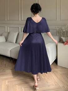 DAZY Elegant Solid Color V-Neck Mid-Length Casual Dress For Wedding Guest, Summer,Formal Women Dresses Prom Dress - Navy Blue - View 2
