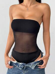 SHEIN EZwear Women's Solid Color Mesh Splice Bodysuit, Sexy Sleeveless Form-Fitting